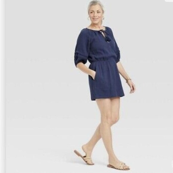 Knox Rose Pants - Women's Short Sleeve Gauze Romper - Knox Rose Navy Blue Size L